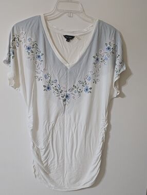 V-Neck White Tunic with Blue Floral Yoke